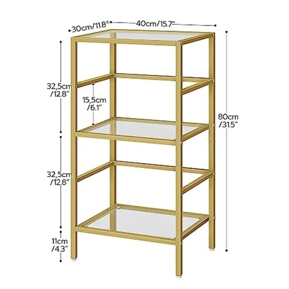 HOOBRO Gold 3 Tier Glass Shelf Bookcase Slim Storage Rack New Open Box